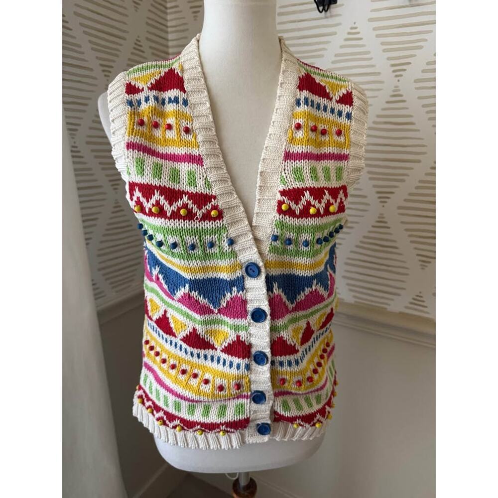 All Week Long Women’s Small Vintage Multicolor Cotton & Wood Bead Knit Vest - Picture 8 of 9